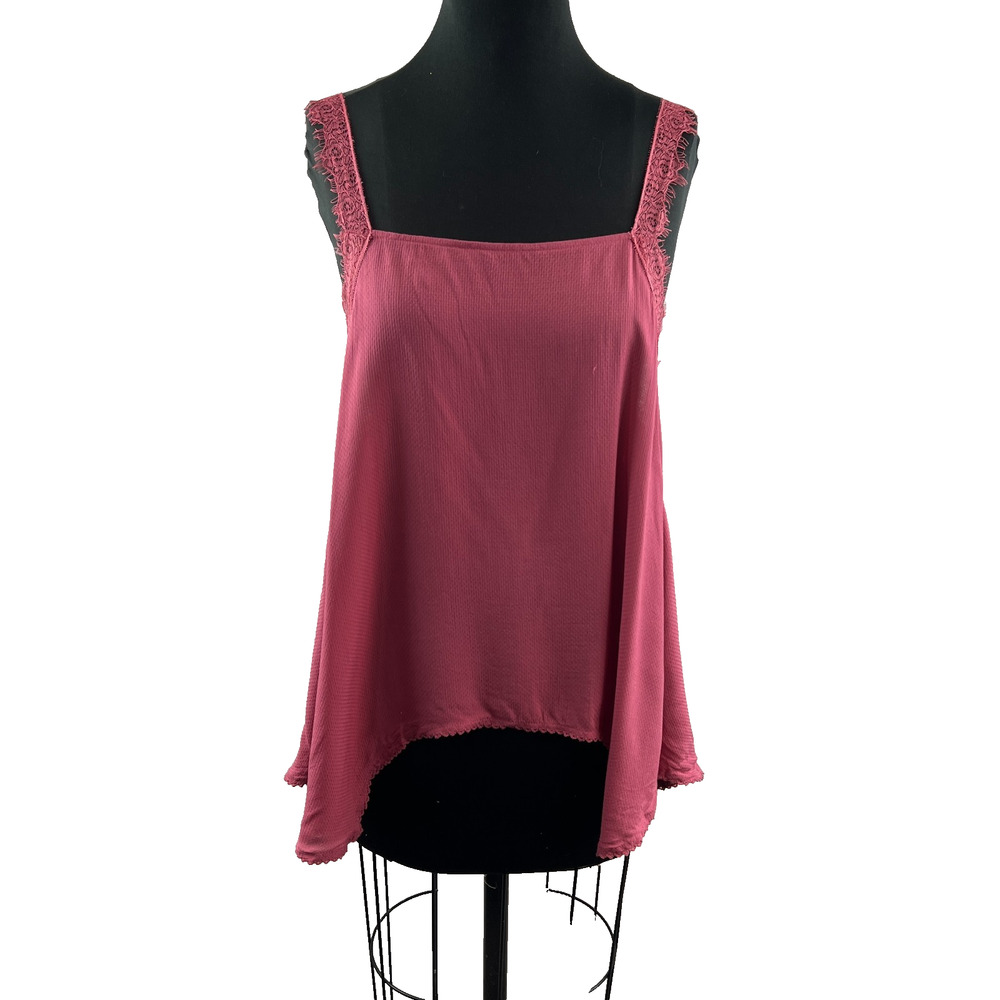 $58 Free People Rose Pink Dobby Dot Cami Top Asymmetric Lace Straps S Small